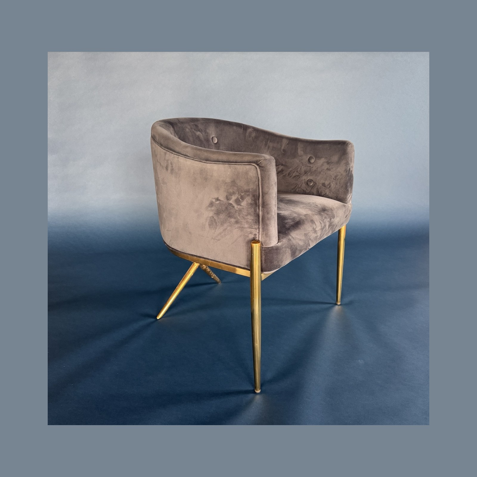 Scout Design — Grey Blue Velvet Barrel Chair with Brass Legs