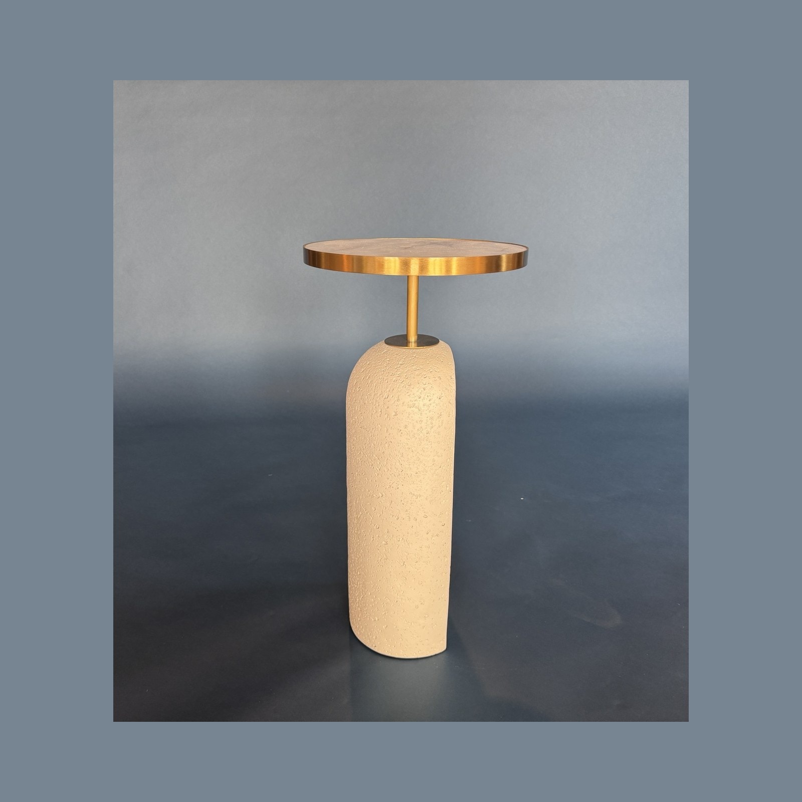 Cream Textured Pedestal Side Table with Brass-Trim Top