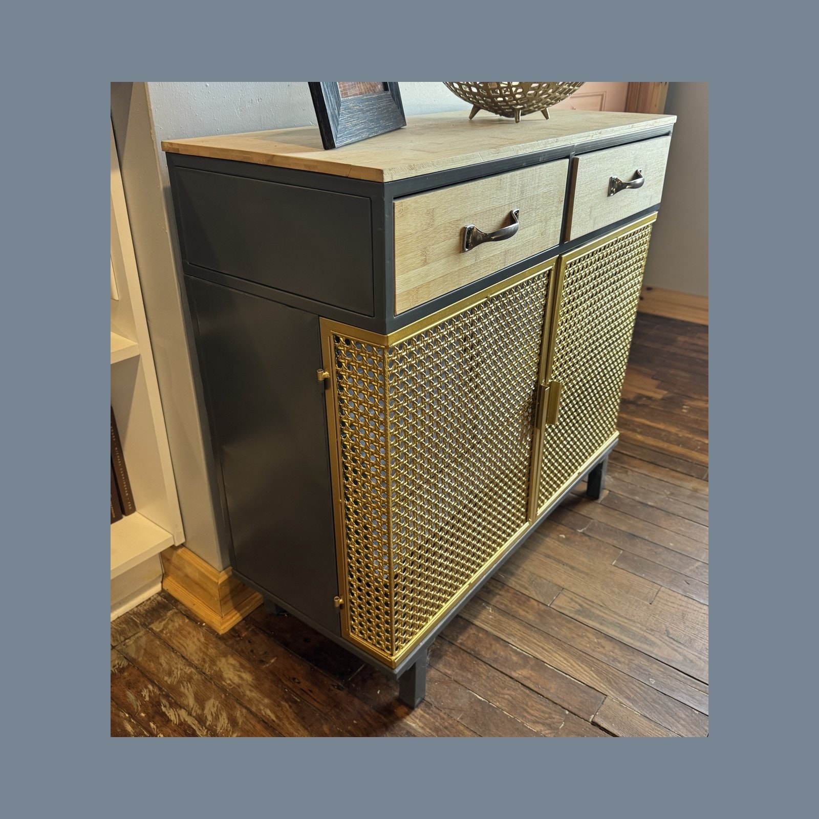 Black, Wood and Gold Cane Storage Cabinet