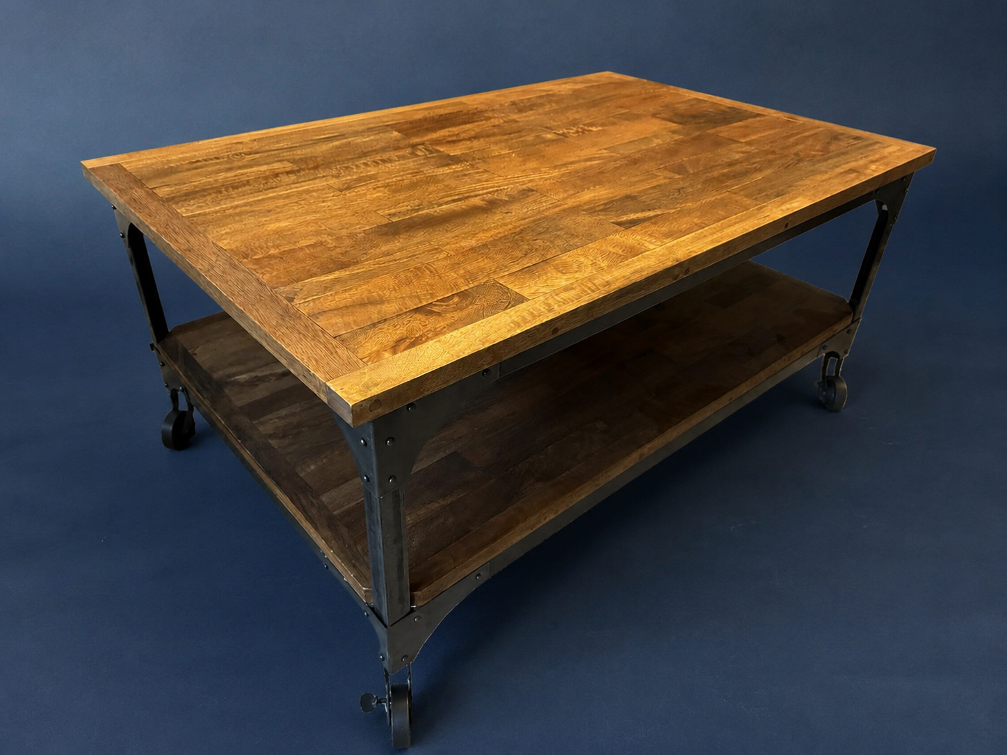 Industrial Wood and Black Metal Rolling Coffee Table