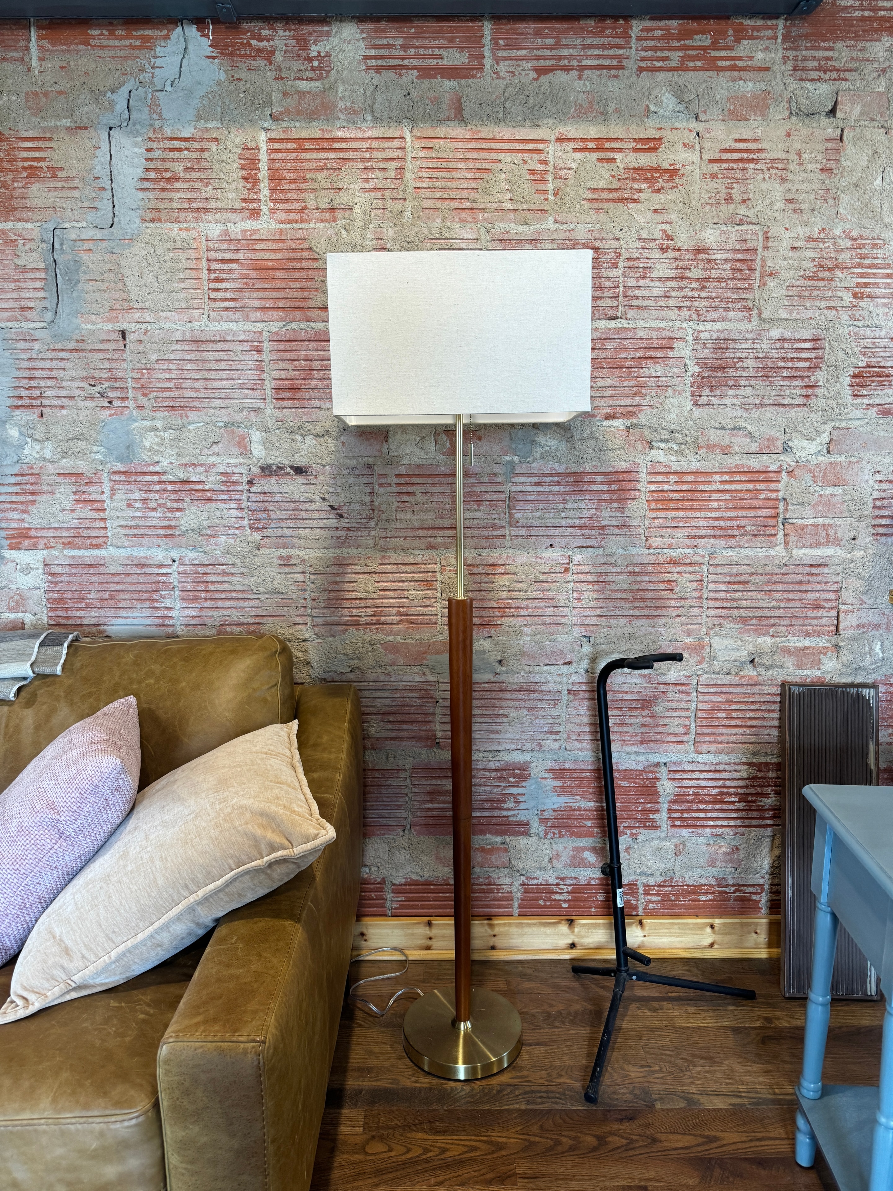 Floor Lamp — Maple and Brass with White Shade