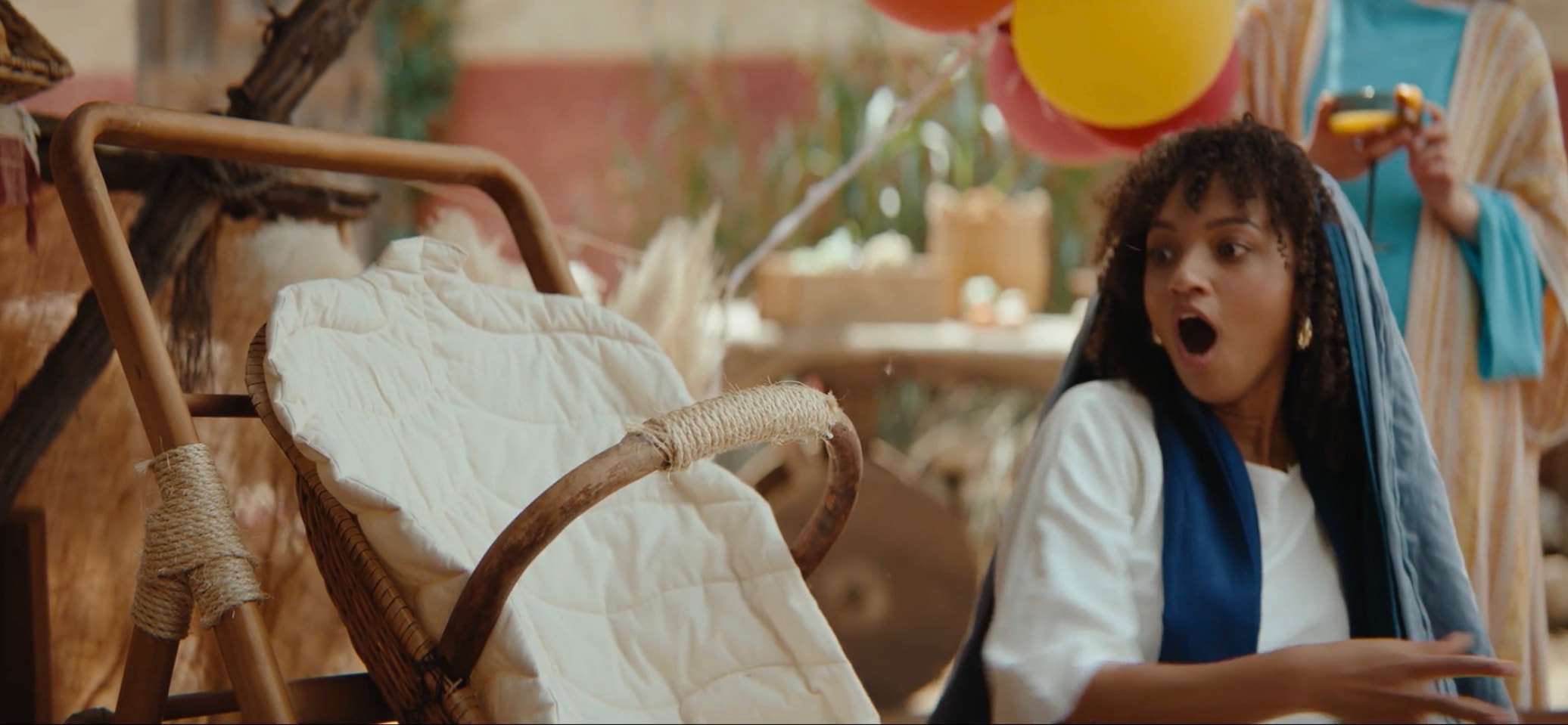 Period market set with a baby stroller and colorful balloons