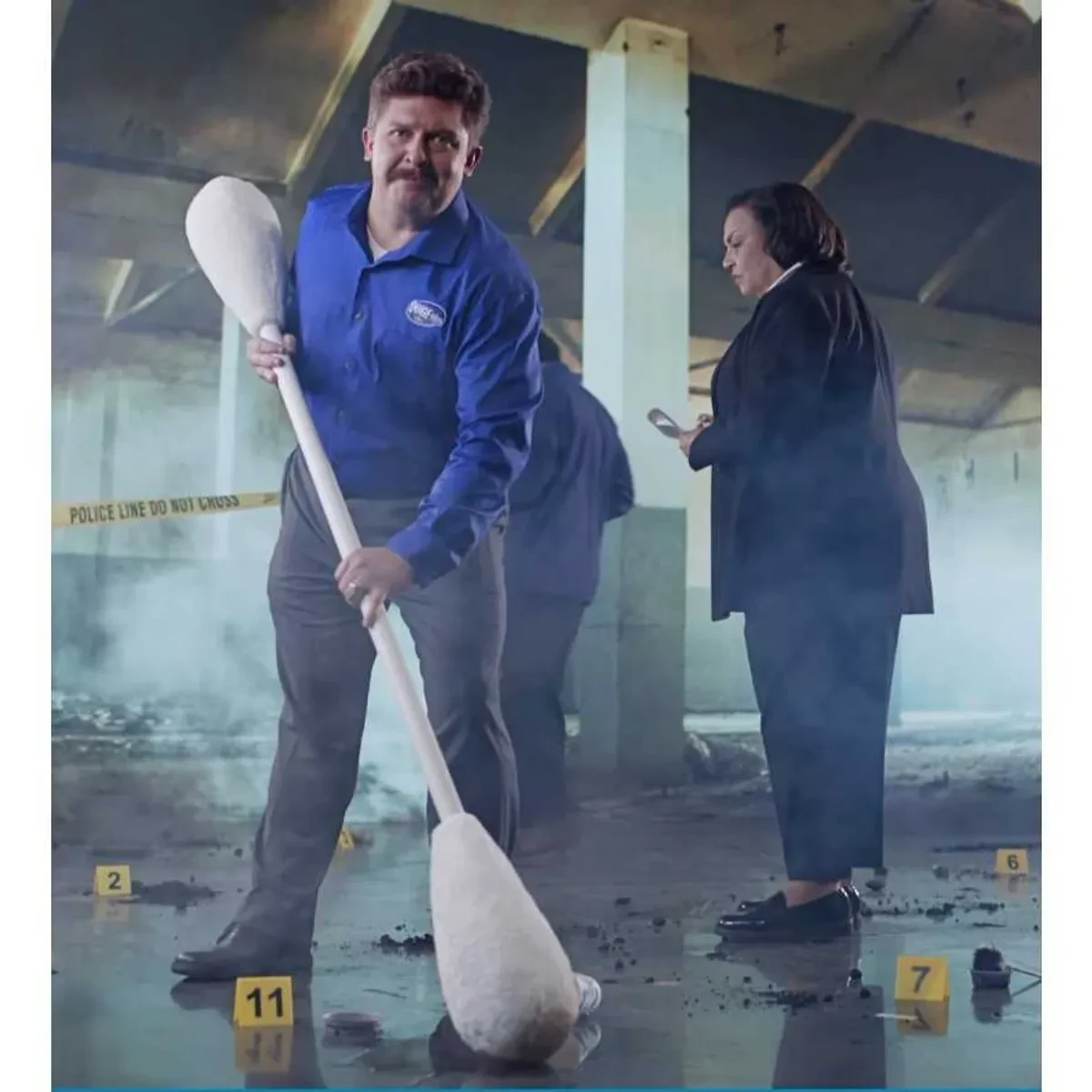 Oversized Quge-tip prop used in a staged crime scene